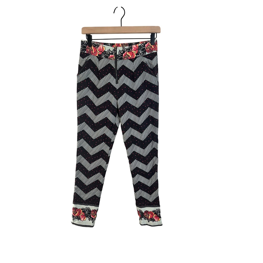 SUNO Women XS Silk Wool Blend Chevron Floral Print Tapered Ankle Pants Black Red